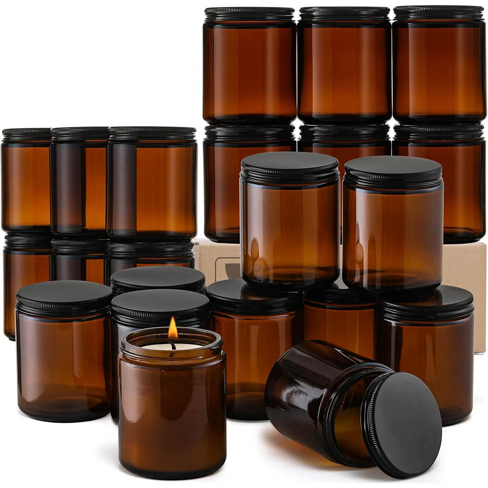 Candle Making Glass Jars - 8oz Amber Cam Kavanozlar Siyah Kapaklı